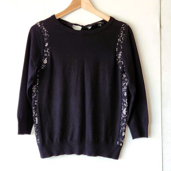 Ann Taylor Petite sz MP Black Lace Insert Bow Tie Back Top Blouse Sweater - Picture 1 of 16